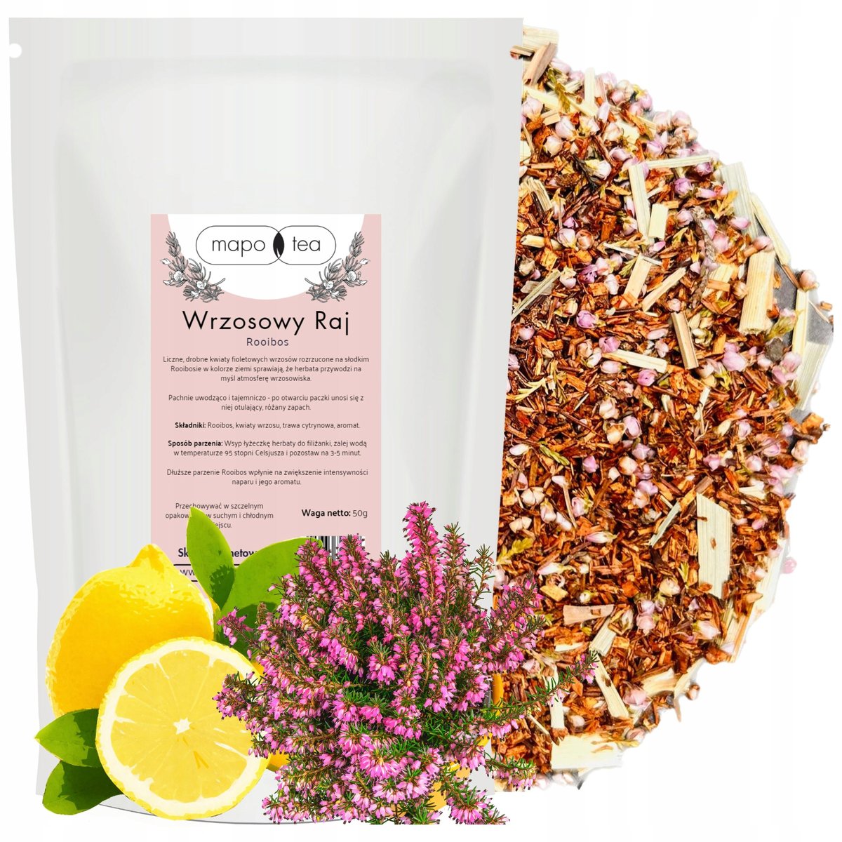 Herbata ROOIBOS Sypana WRZOSOWY RAJ Kwiaty Wrzosu Trawa Cytrynowa 50g