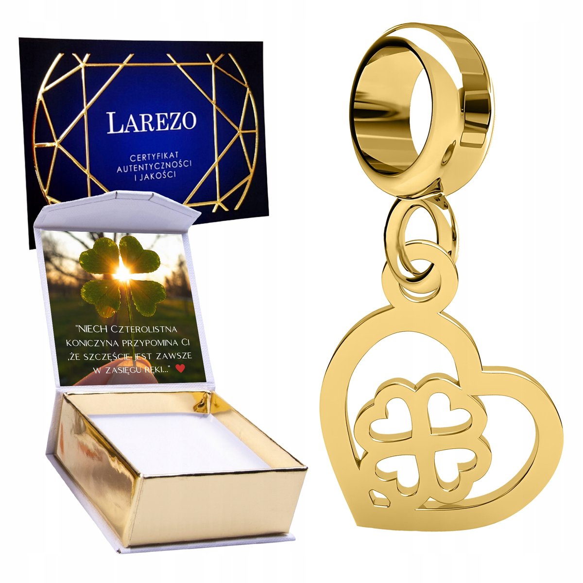 CHARMS ZŁOTY Wiszący Serce z Czterolistną Koniczyną na Szczęście + NADRUK