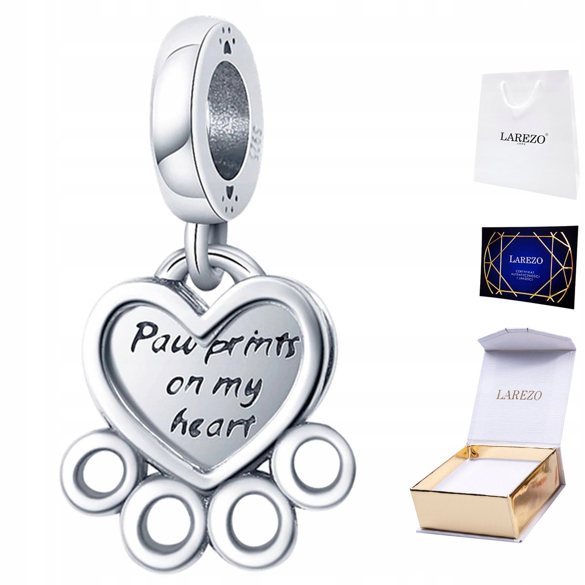 CHARMS SREBRNY Wiszący Serce Łapka Łapka Psa Serduszko bff Pies SREBRO 925
