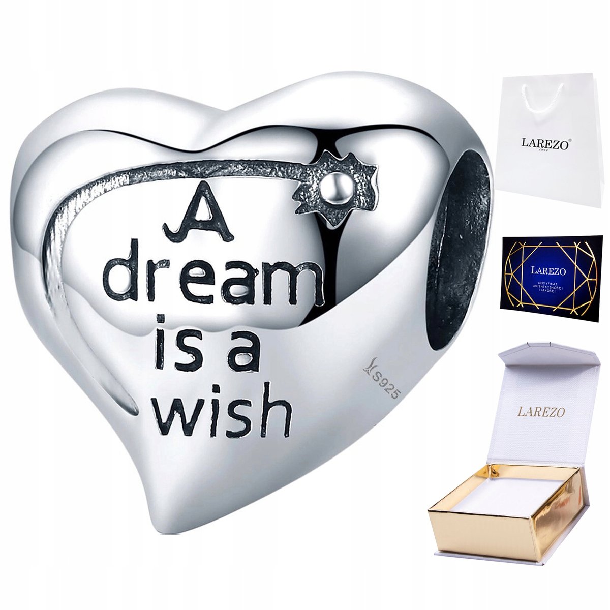 CHARMS SREBRNY Serce A Dream is a Wish Życzenia Love Marzenia SREBRO 925