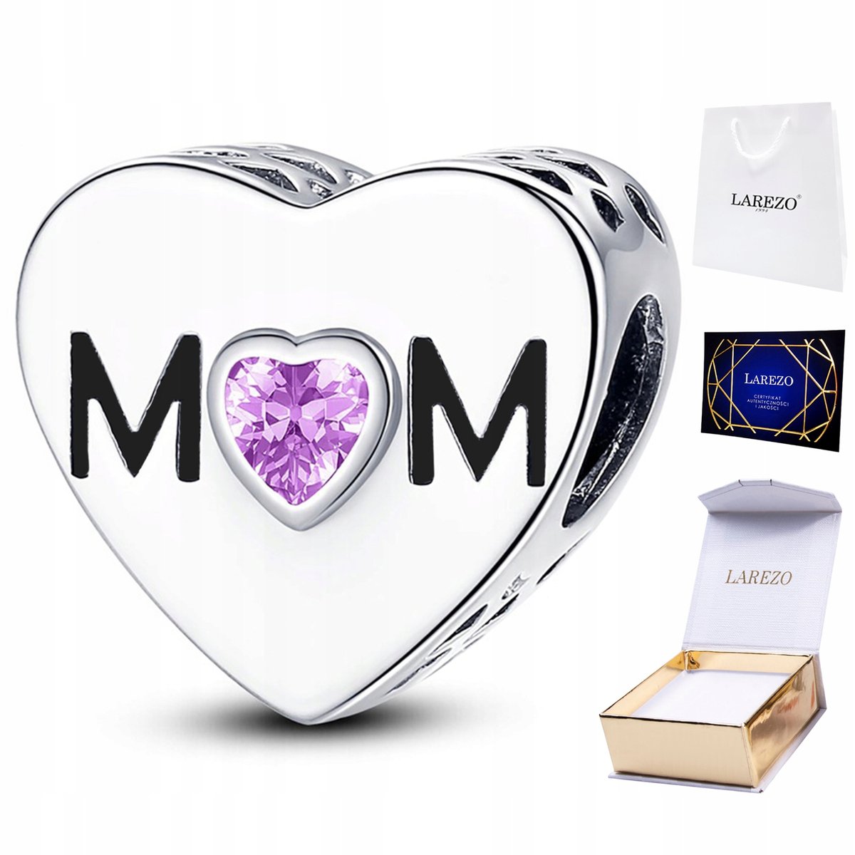CHARMS SREBRNY dla Mamy Różowa Cyrkonia Mom Mother Serce Love SREBRO 925