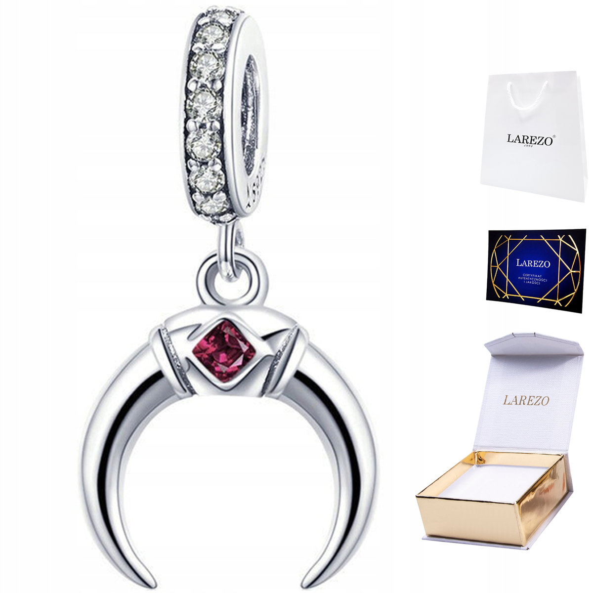 CHARMS SREBRNY Wiszący Księżyc Czerwona Cyrkonia Moon Półksiężyc srebro 925