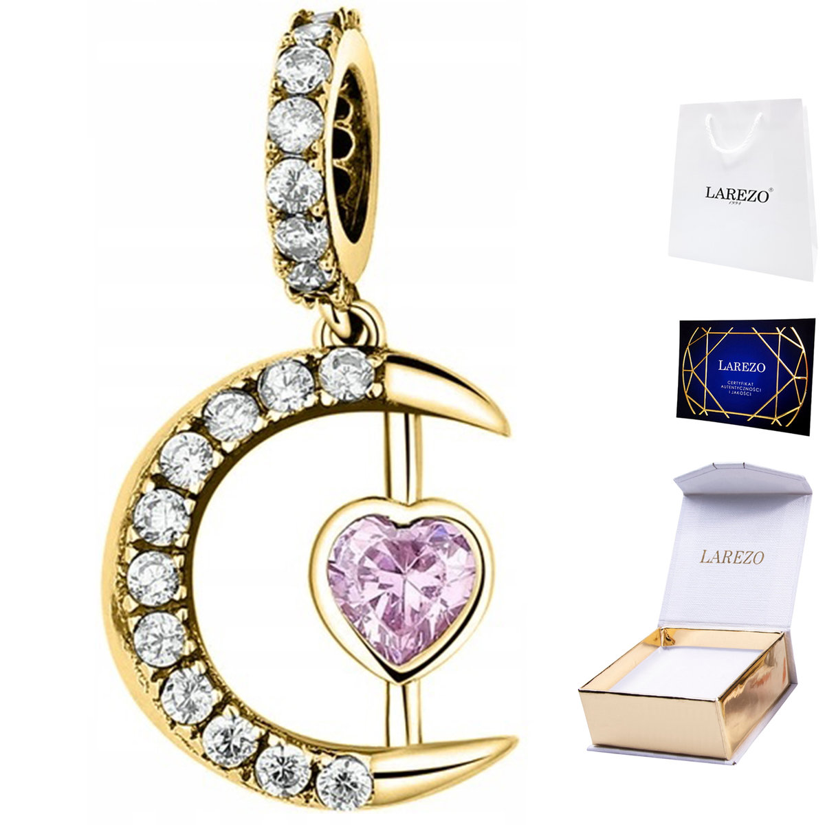 CHARMS ZŁOTY Wiszący Półksiężyc z Cyrkoniami Księżyc Cyrkonie SREBRO 925