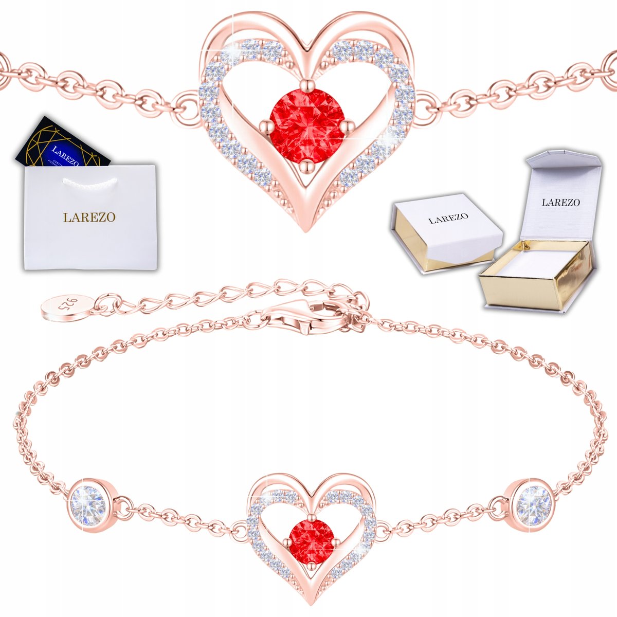 Bransoletka Pozłacana 18K Serce z Czerwonym Oczkiem i Cyrkoniami SREBRO 925