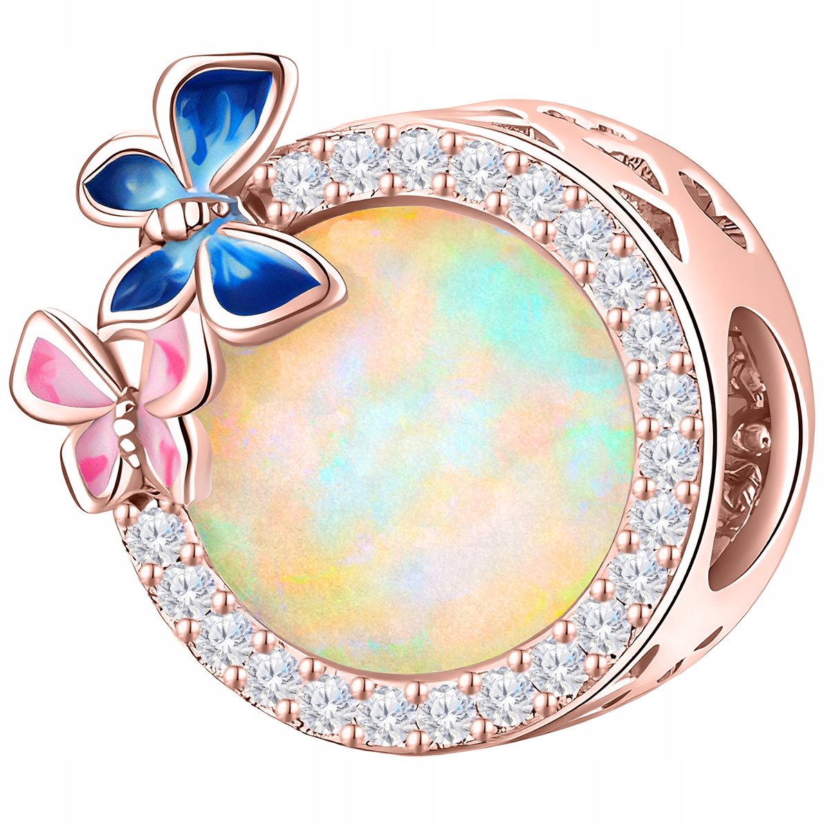 Charms Różowy 925 Okrągły z Motylem Cyrkoniami Koralik Motyl Owad Motylek