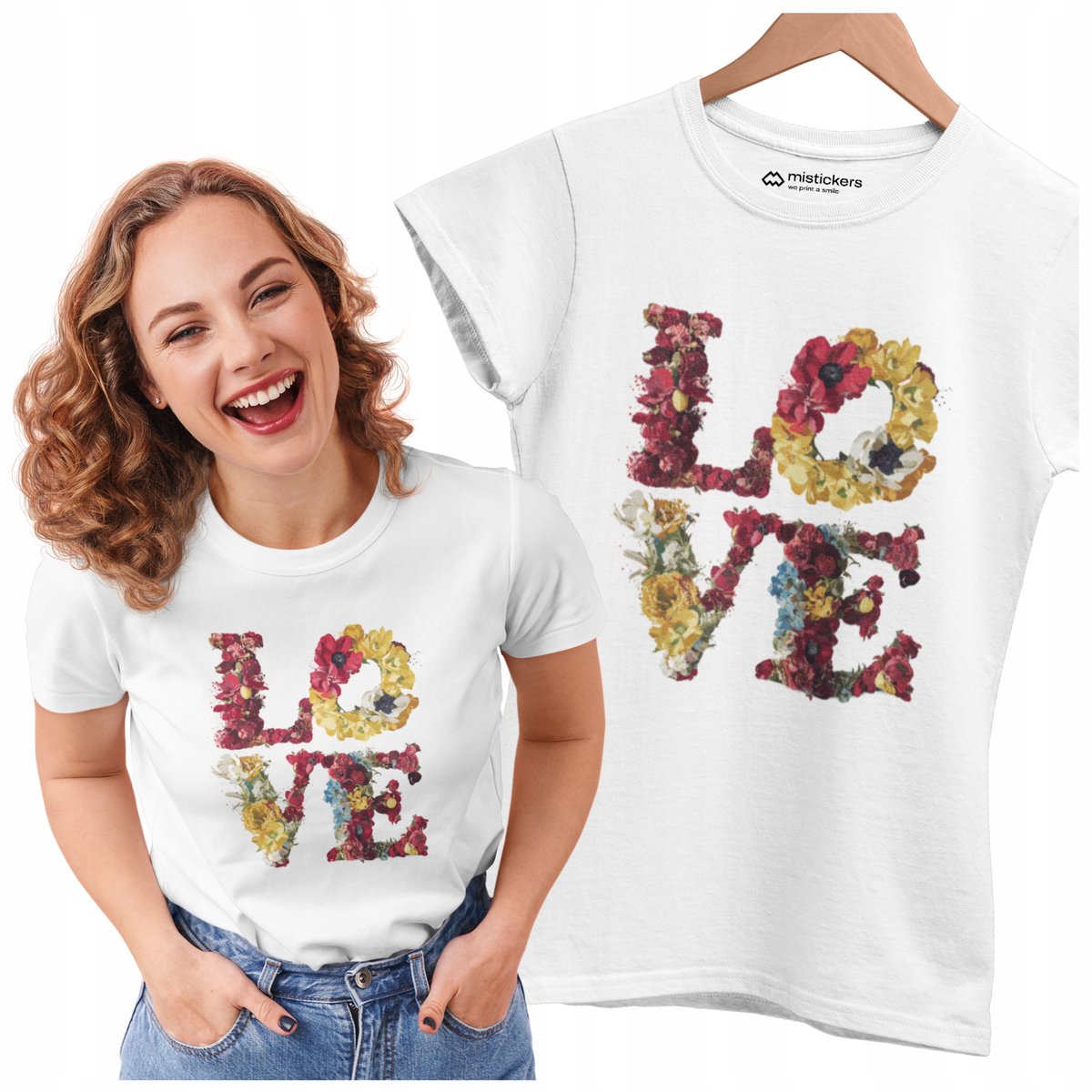 KOSZULKA T-SHIRT DAMSKA Z NADRUKIEM LOVE KWIATY TALIOWANA 100% BAWEŁNA