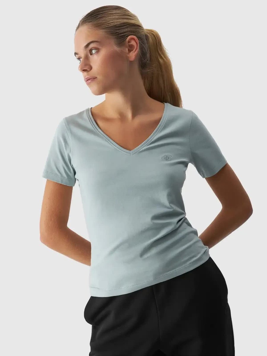 T-shirt slim gładki damski 4F 4FWAW24TTSHF1649-47S Zielony