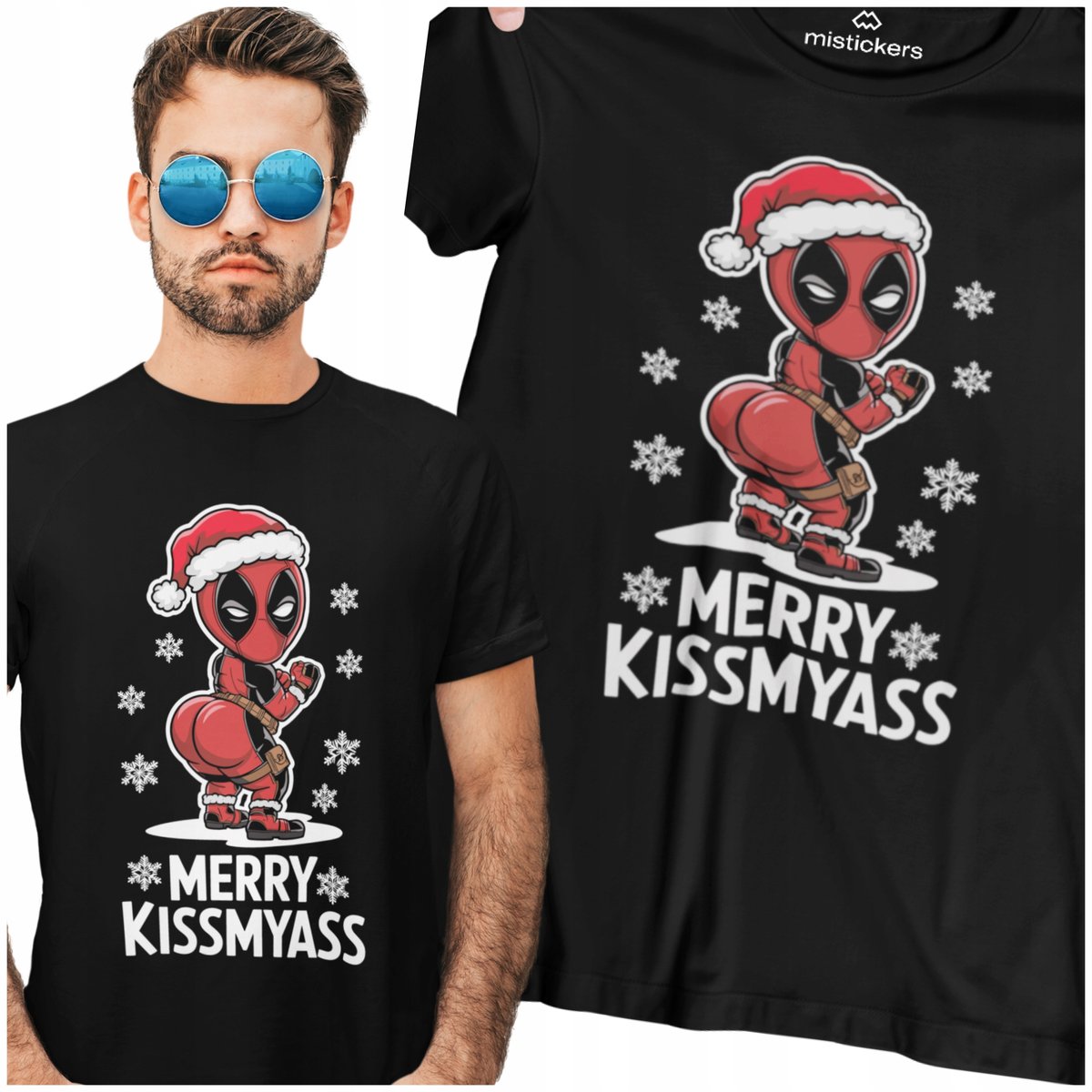 KOSZULKA ŚWIĄTECZNA ŚMIESZNA MĘSKA ŚWIĘTA DEADPOOL MERRY KISSMYASS PREMIUM
