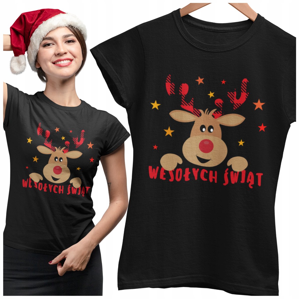 KOSZULKA ŚWIĄTECZNA DAMSKA WESOŁYCH ŚWIĄT ŚWIĘTA MIKOŁAJA RENIFER PREMIUM