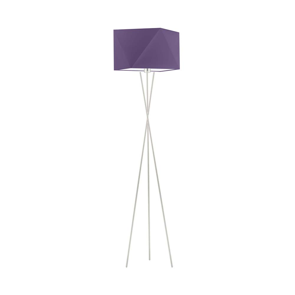 Srebrna lampa podłogowa na trójnogu w stylu arty deco DAKAR z fioletowym kloszem