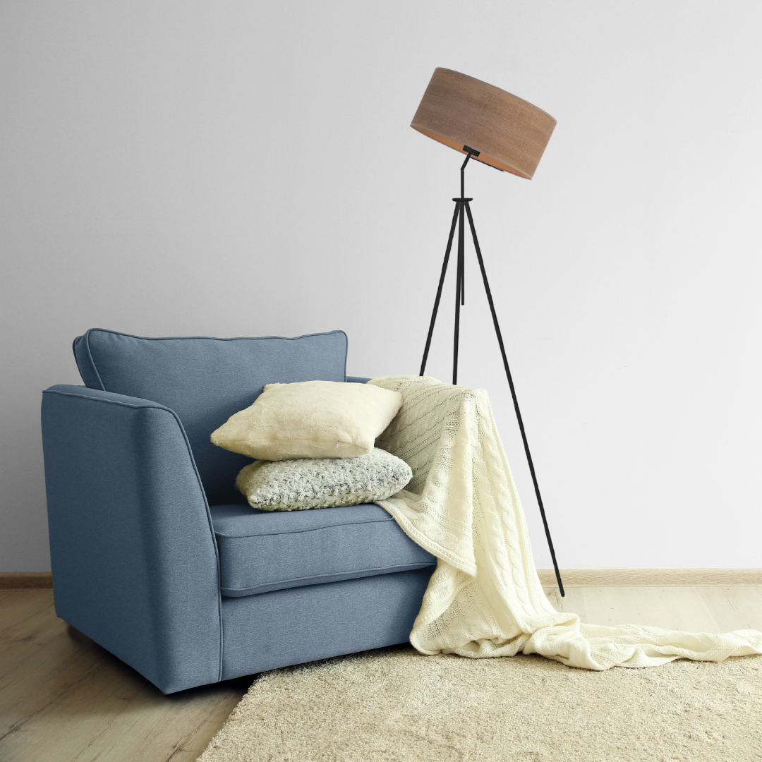 Designerska lampa stojąca na trójnogu MALMO ECO z fornirowym kloszem