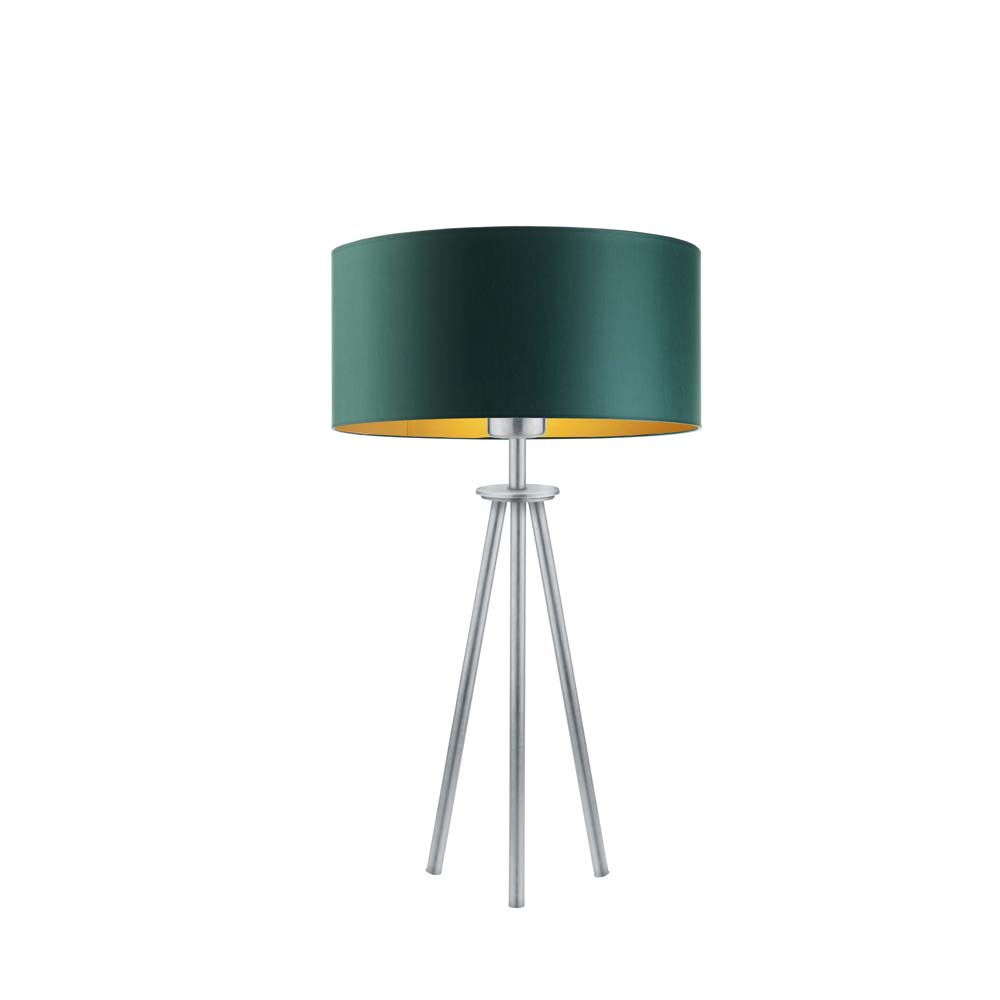 Srebrna lampa stołowa na trójnogu w stylu urban jungle ALTA GOLD z abażurem w kolorze zieleni butelkowej