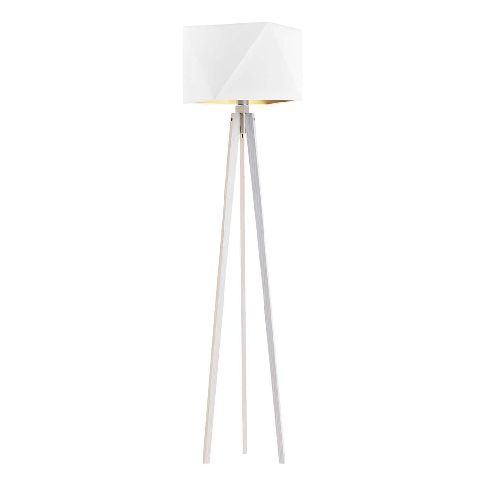 Biała lampa podłogowa drewniana na trójnogu BOMBAJ GOLD