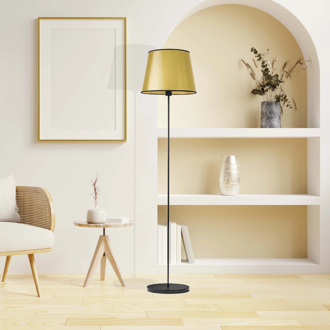 Złota lampa stojąca do salonu na czarnej nóżce VASTO MIRROR