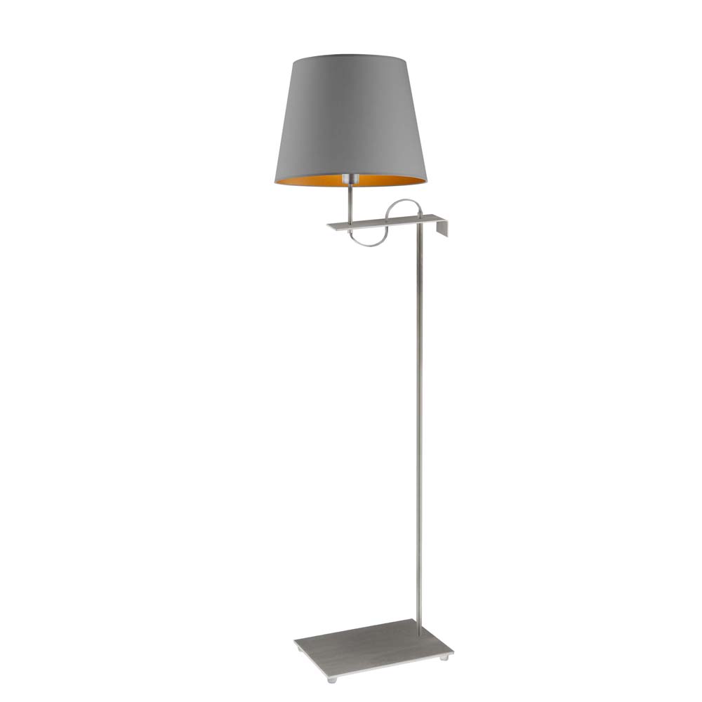 Srebrna lampa stojąca w syulu skandynawskim BATA GOLD z szarym abażurem ze złotym wnętrzem
