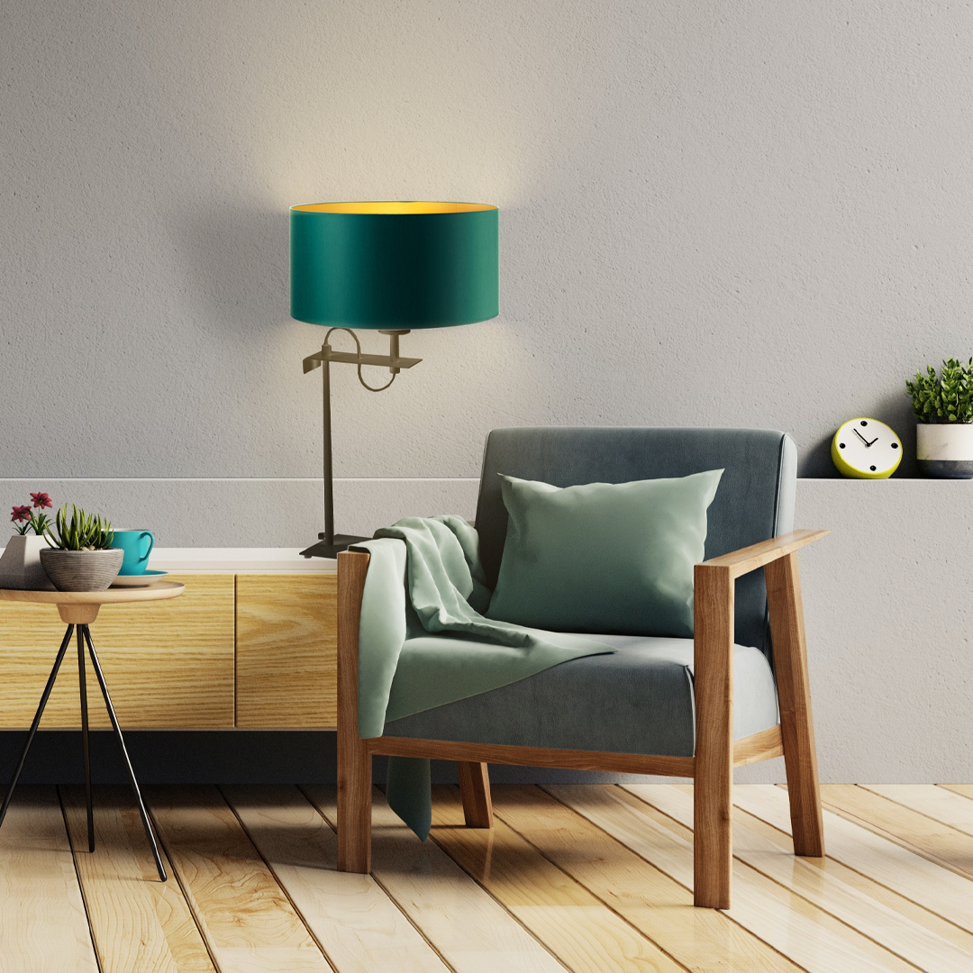 Designerska lampa stołowa do salonu z abażurem w kolorze zieleni butelkowej ALASKA GOLD