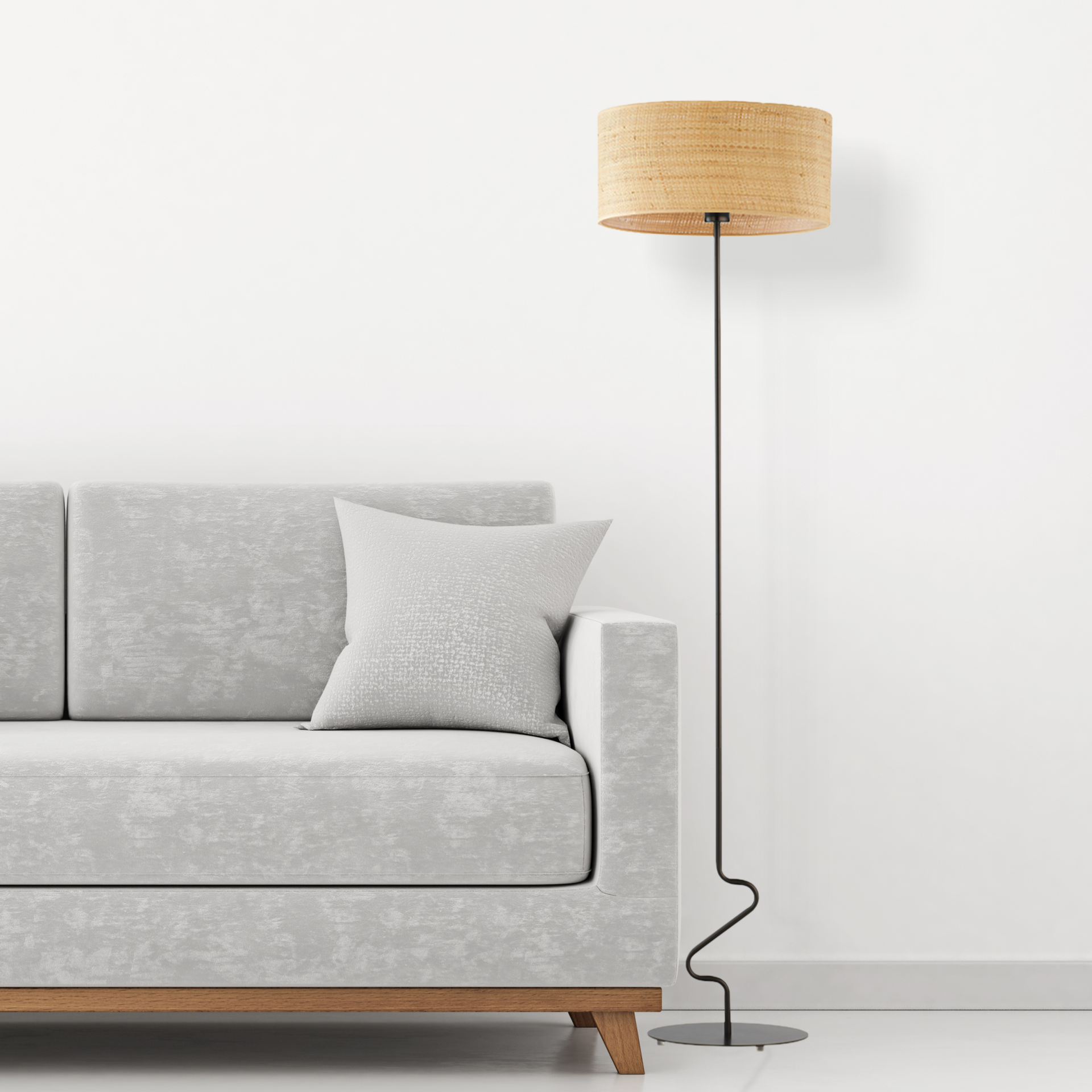 Czarna lampa podłogowa z rattanowym kloszem JERSEY BOHO