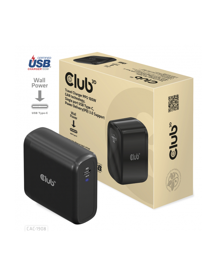 DARMOWA DOSTAWA - Club3D Cac 1908Eu Ładowarka Podróżna 100 W Technologia Gan Certyfikat Usb If Tid Pojedyncze Złącze Usb Typu C Power Delivery Pd Obsługa 3.0