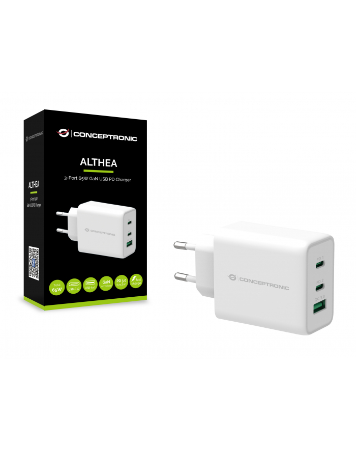 Conceptronics Conceptronic ALTHEA12W 3-Port 65W GaN USB PD Charger power adapter - 2 x USB-C 65 Watt