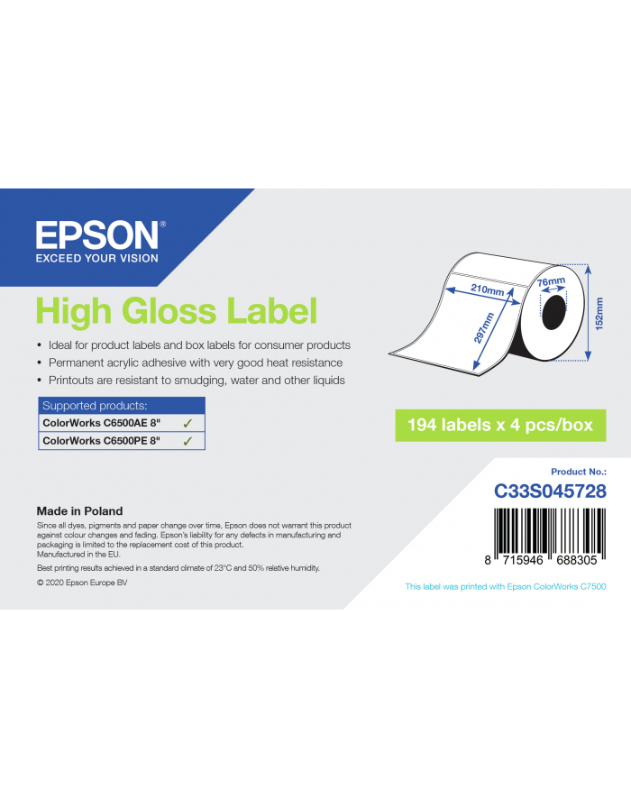 Epson High Gloss Label - Die-Cut Roll: 210mm x 297mm, 194 labels C33S045728 C33S045728