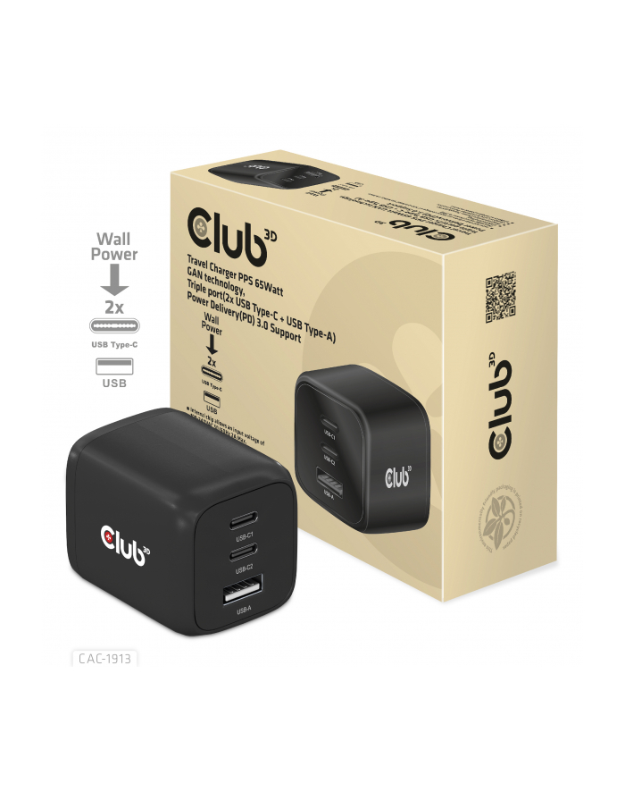 DARMOWA DOSTAWA - Club 3D Cac 1913 Power Adapter Gan Technology Triple Port Usb Type A 2 X C 65 Watt