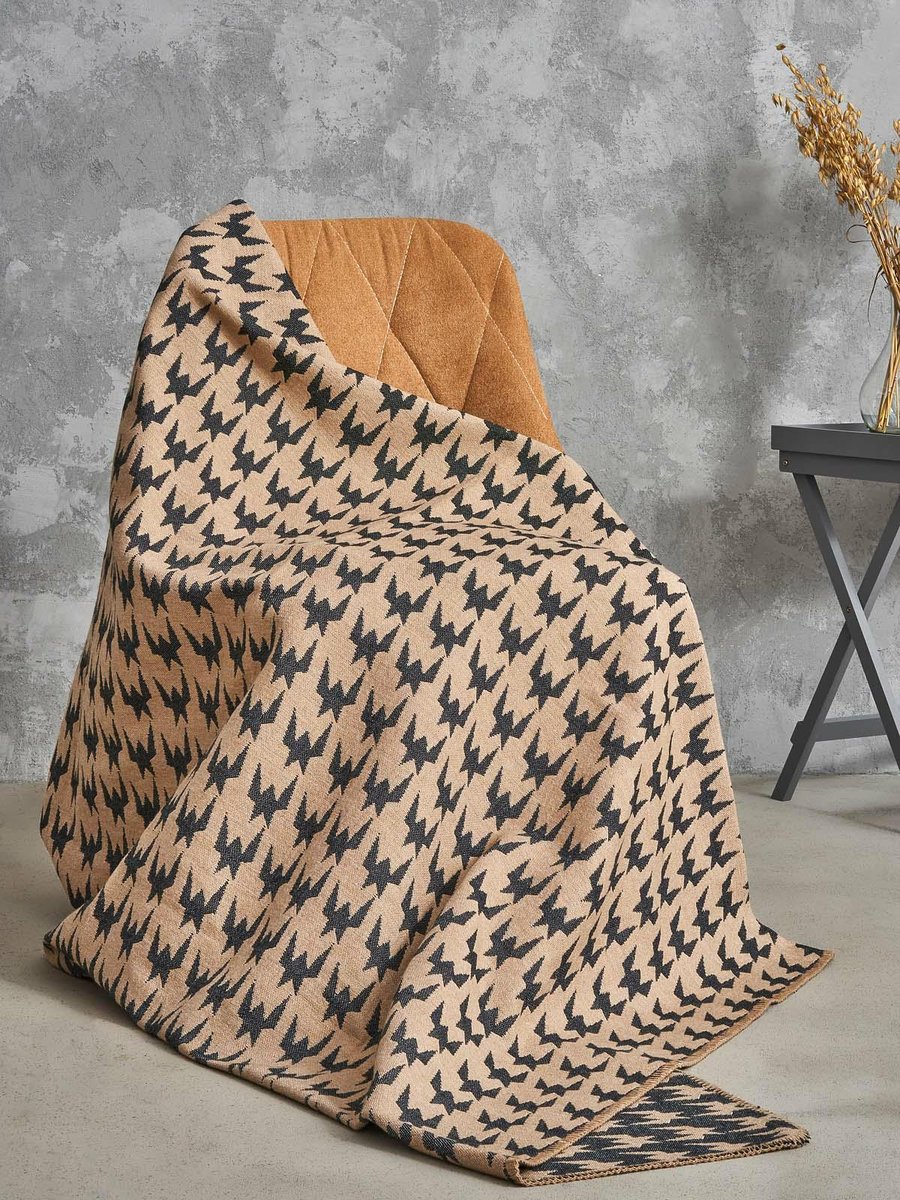 Narzuta pled 165x200 2142-2P Pepitka beżowy brązowy koc wykończony szydełkiem RAW