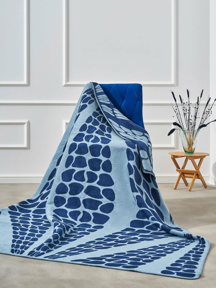 Koc bawełniany akrylowy 150x200 2138/1 Geometryczna lilia niebieski narzuta pled wykończony szydełkiem SG