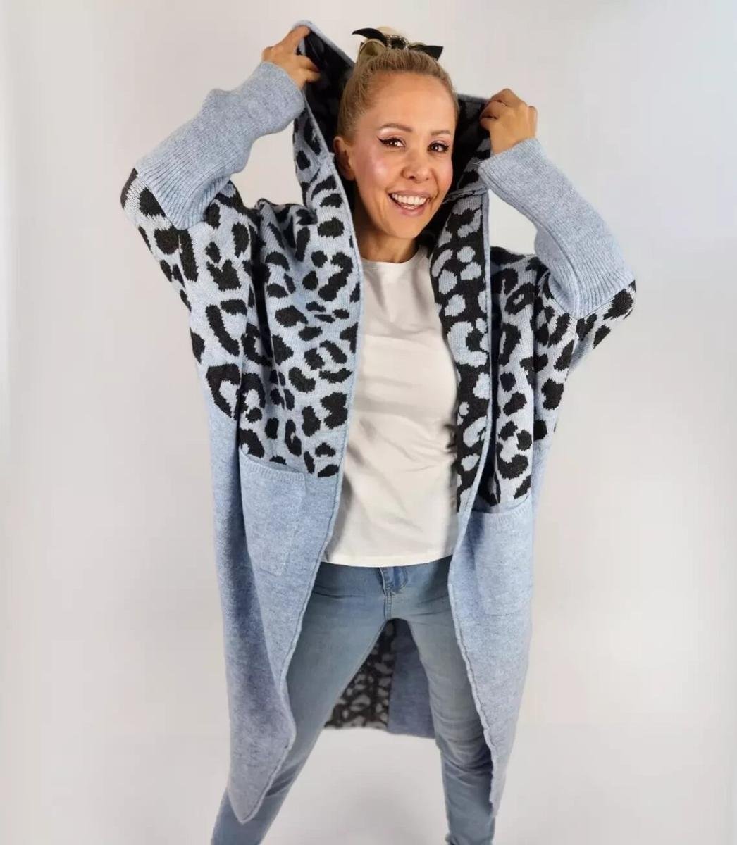 Długi kardigan sweter kolorowa panterka z wełną-L