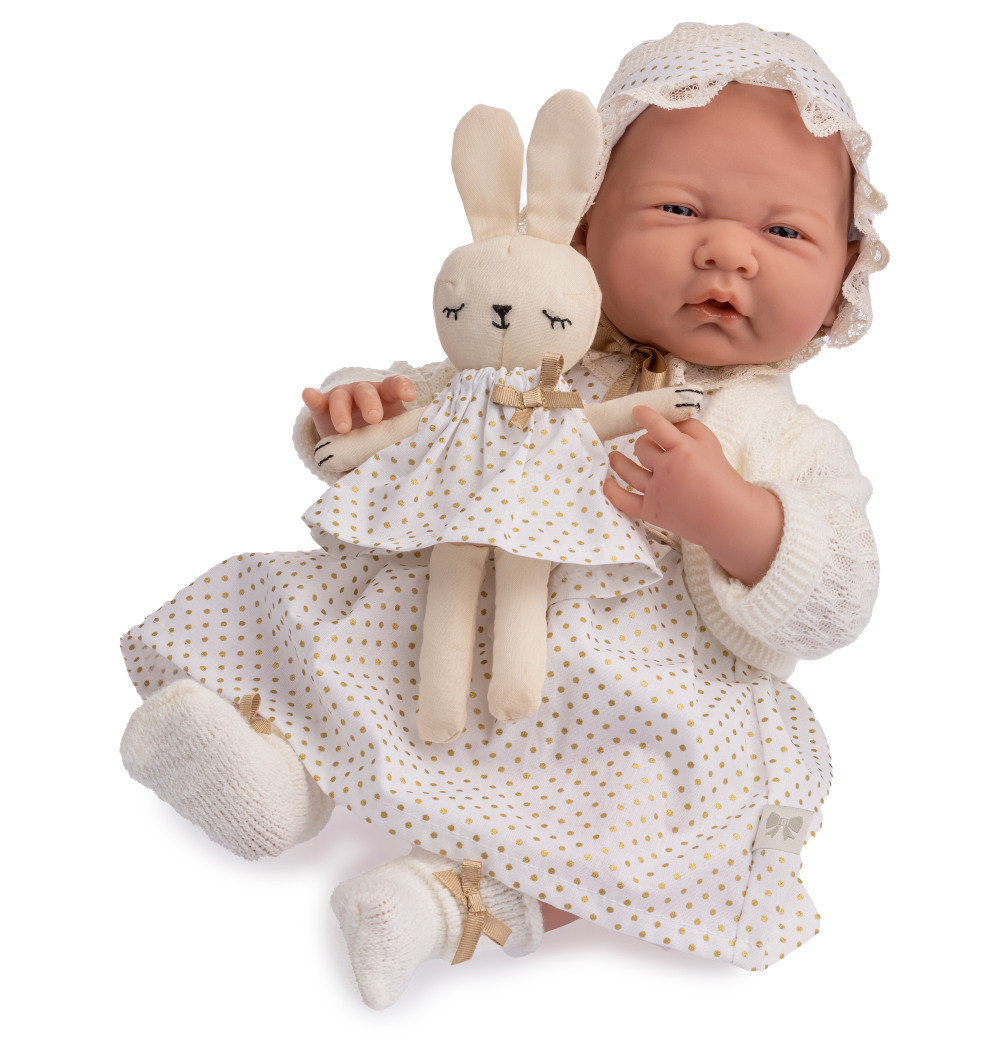 Berenguer 18793 - Lalka w eleganckiej białej sukience, maskotka i sweterek