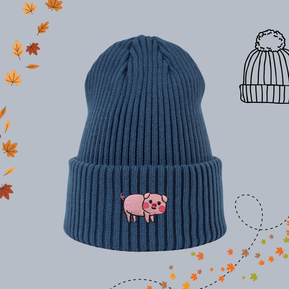 Haftowana czapka beanie - ŚWINKA - niebieska