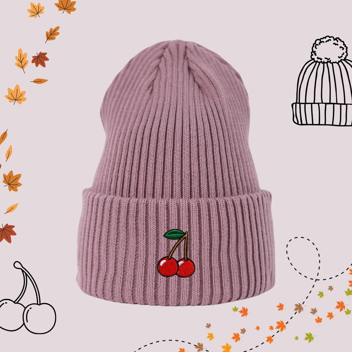 Haftowana czapka beanie - WIŚNIE - różowa