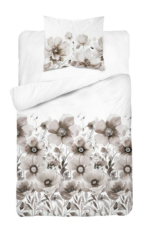 Pościel 140x200 biała beżowa szara kwiaty 5249 A Bawełna 48