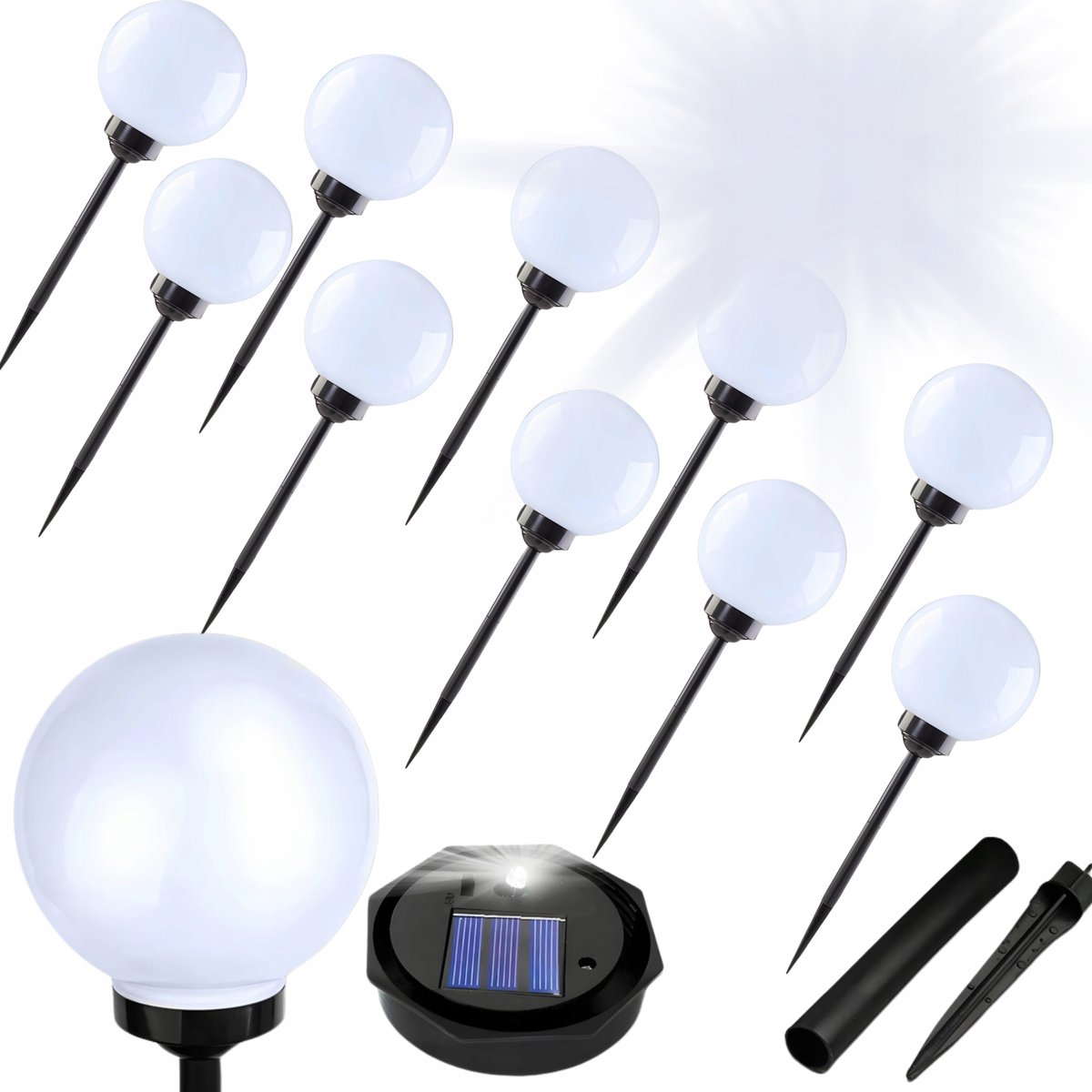 LAMPY SOLARNE OGRODOWE WBIJANE KULA BIAŁE DO OGRODU 10szt czujnik zmierzchu