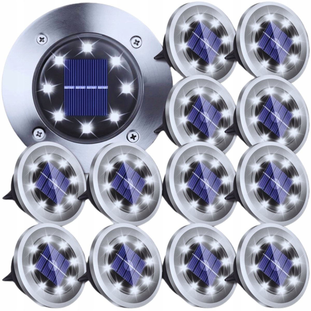 LAMPA SOLARNA OGRODOWA LED x12 szt. LAMPKI ZEWNĘTRZNE DYSK WBIJANE CZUJNIK