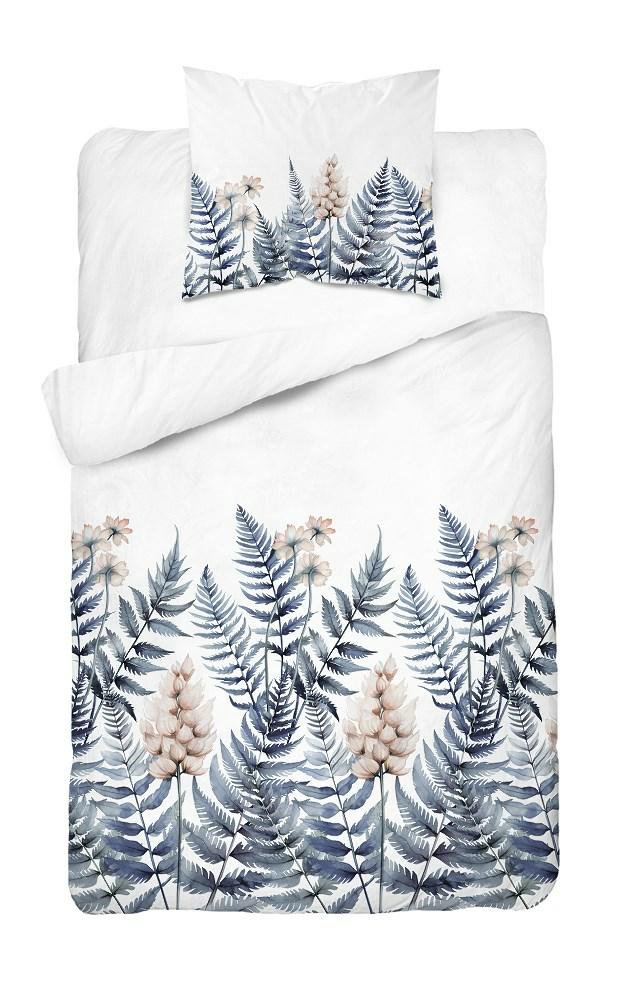 Pościel 140x200 biała niebieska paprocie kwiaty 5248 B Bawełna 48