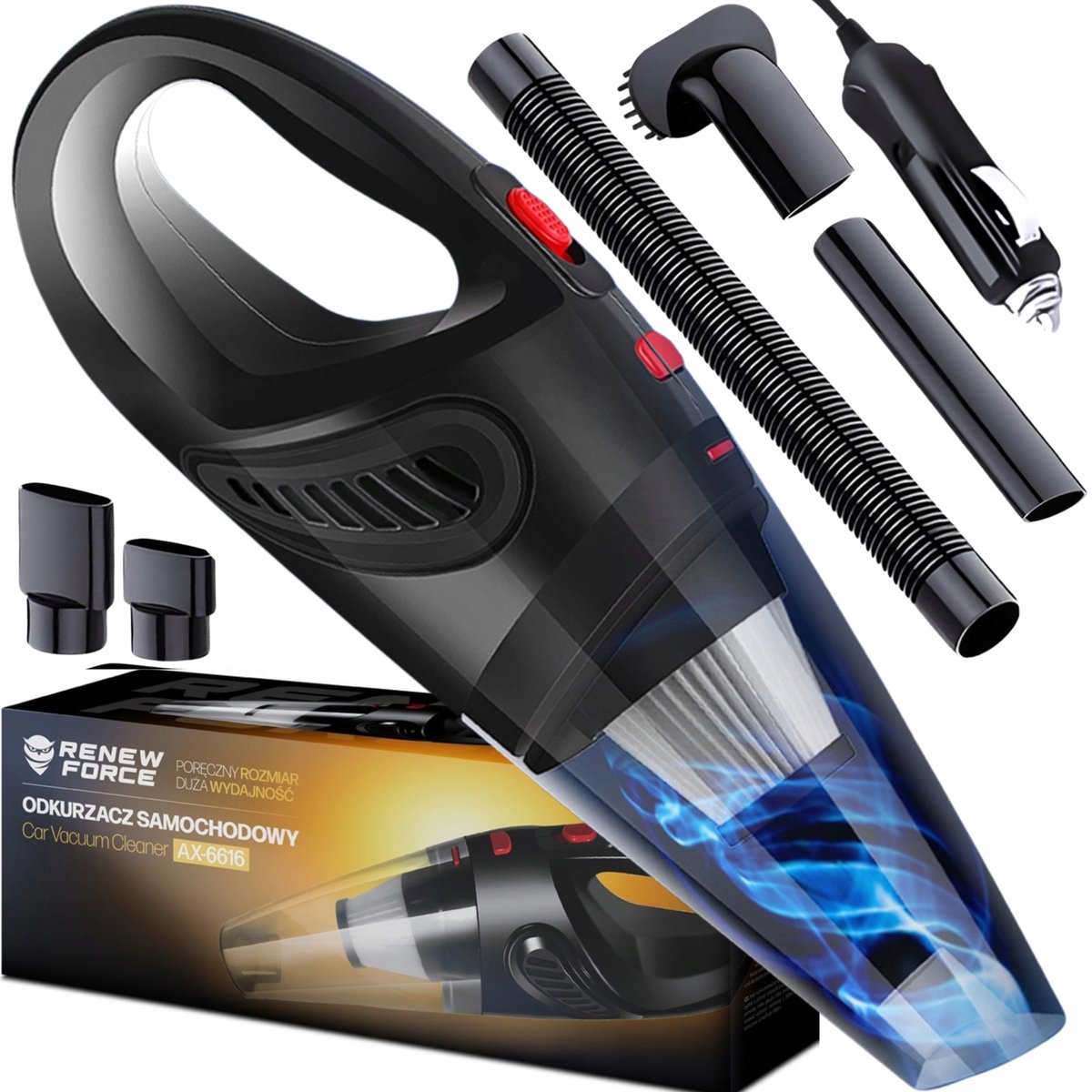 ODKURZACZ SAMOCHODOWY RĘCZNY MOCNY 120W 3,5M ZESTAW XL KOŃCÓWKI FILTR HEPA