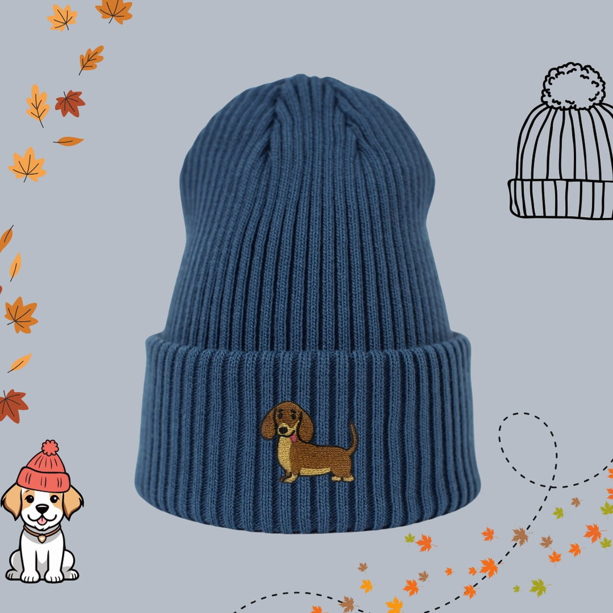 Haftowana czapka beanie - JAMNIK - niebieska