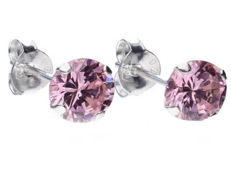 Srebrne kolczyki 925 okrągłe cyrkonie w różowym kolorze na sztyft