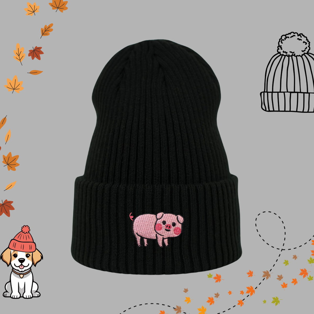 Haftowana czapka beanie - ŚWINKA - czarna