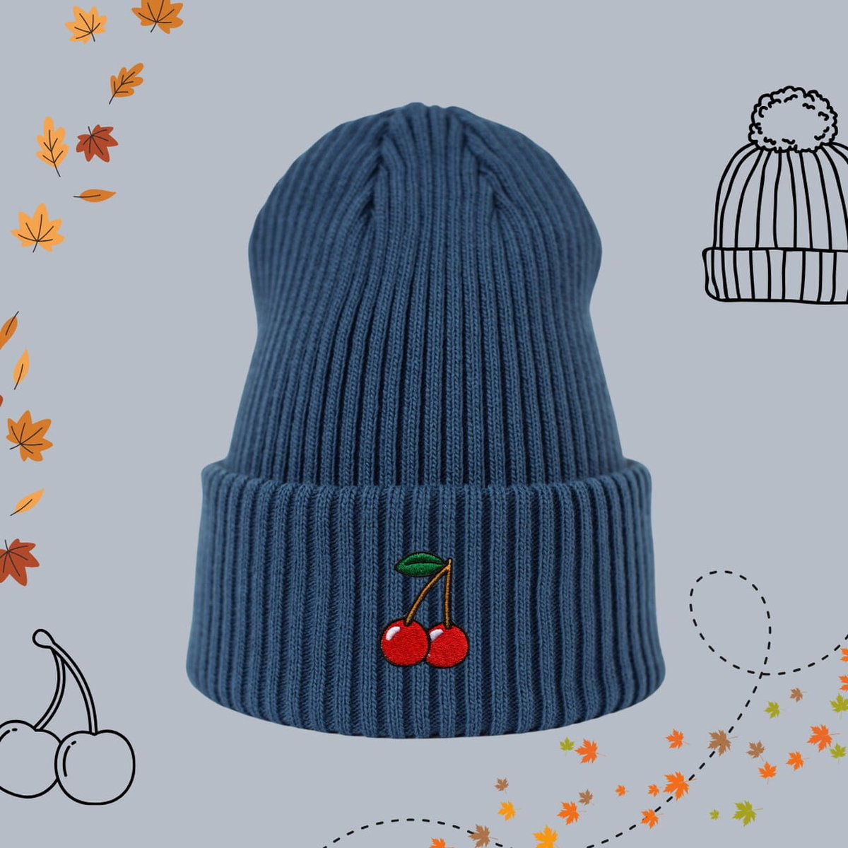 Haftowana czapka beanie - WIŚNIE - niebieska