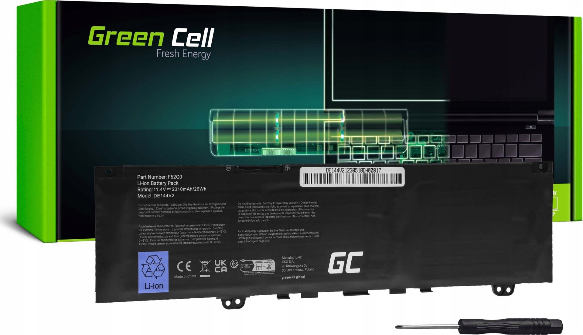 Bateria Green Cell GREEN CELL battery F62G0 for Dell Inspiron 13 7380. Vostro 5370 11.4V 2310mAh
