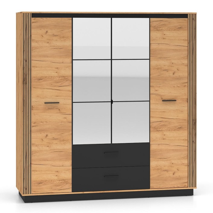 Szafa z lustrem i lamelami URSO 01 200cm Dąb craft złoty, czarny