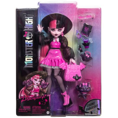 Monster High Draculaura Lalka podstawowa + zwierzątko Hrabia Nietoperz Wspaniały i akcesoria takie jak plecak, księga zaklęć i śniadaniówka, HRP64