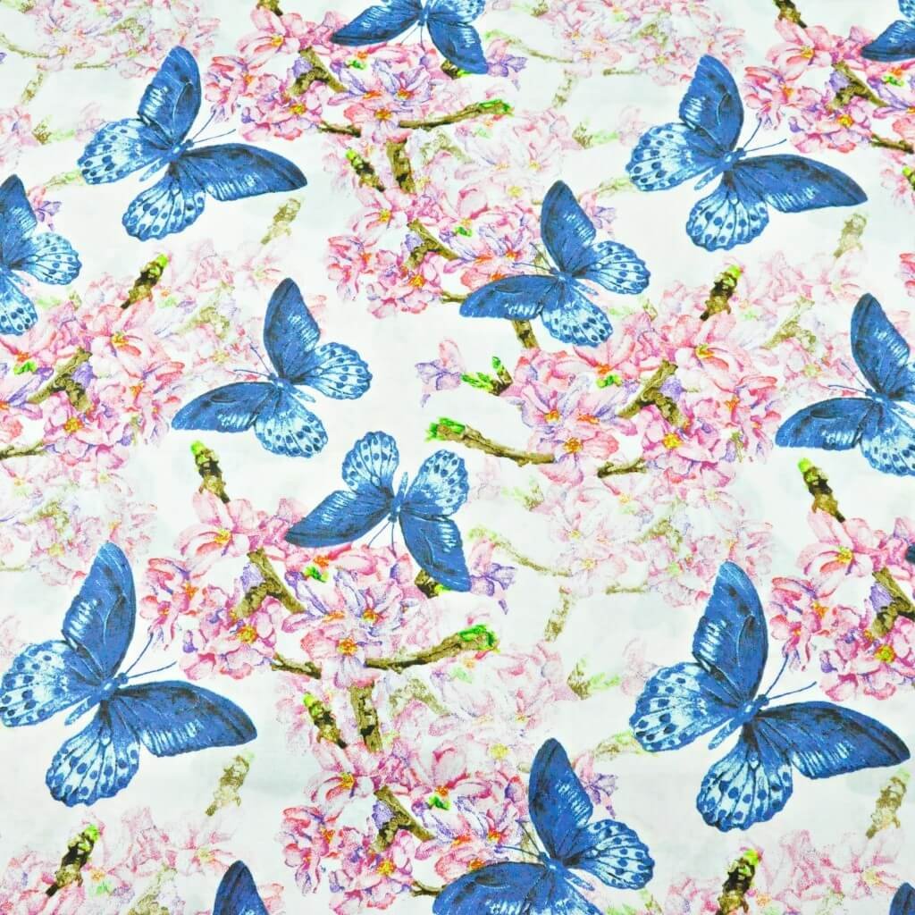 Tkanina bawełniana motylki szafirowe z różowymi kwiatkami na białym tle