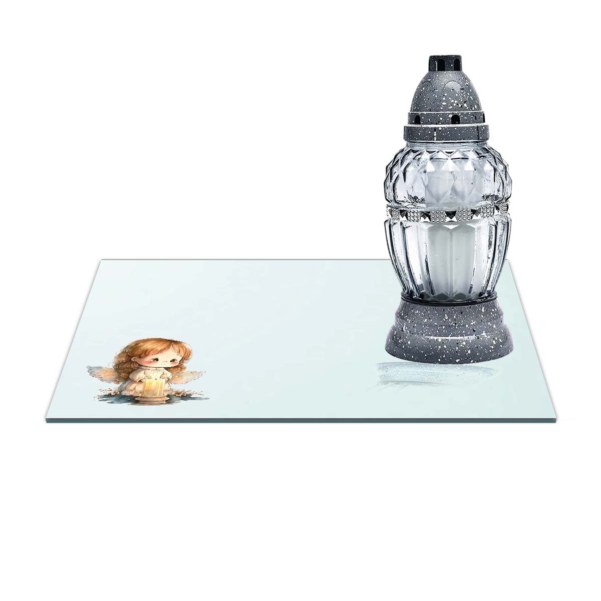 SZKLANA PODSTAWKA POD ZNICZE Z DEDYKACJĄ 30x20cm 555a Aniołek przezroczyste