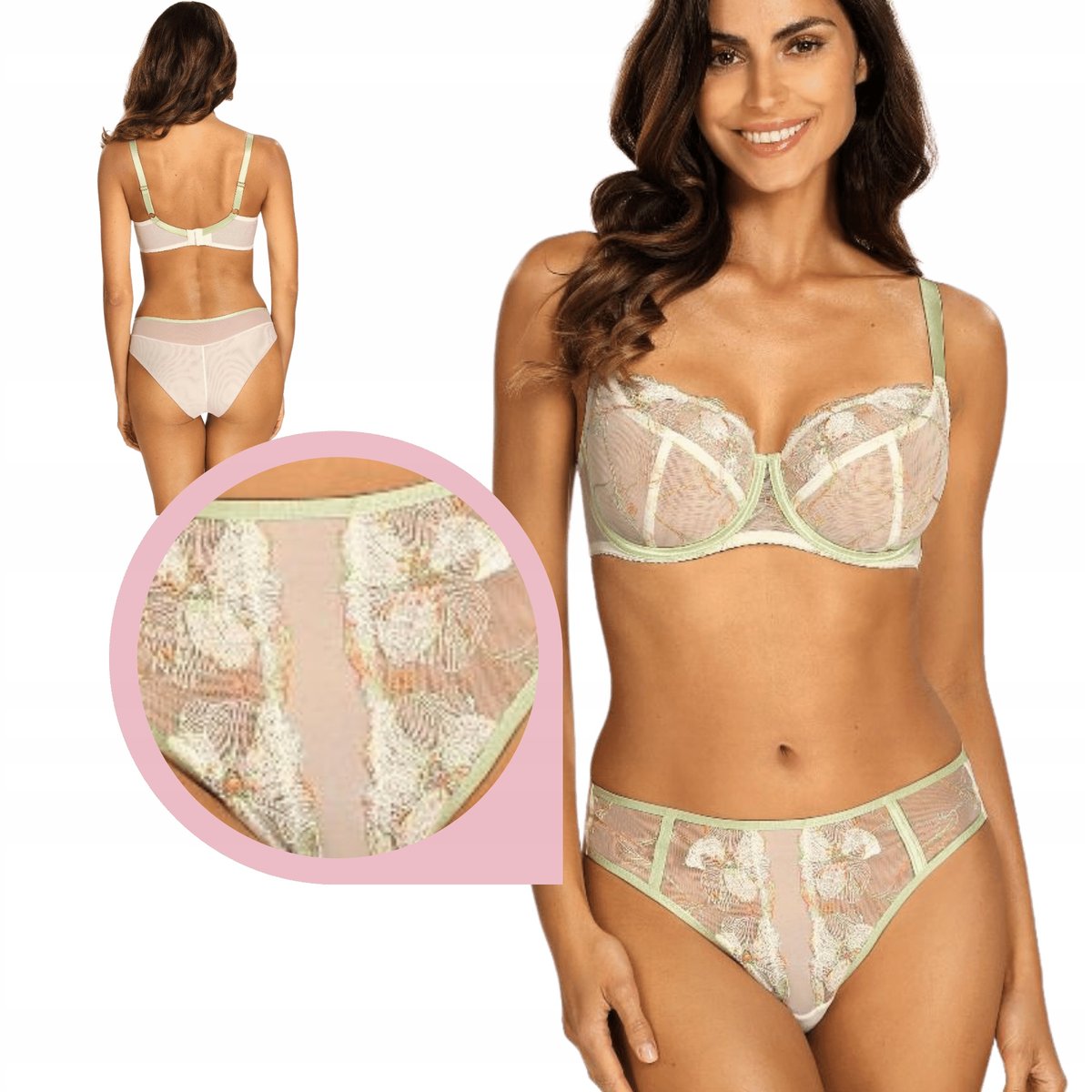 Majtki Ewa Bień MILA C511 śmietankowe tanga haftowane pastelowe tiul - XL