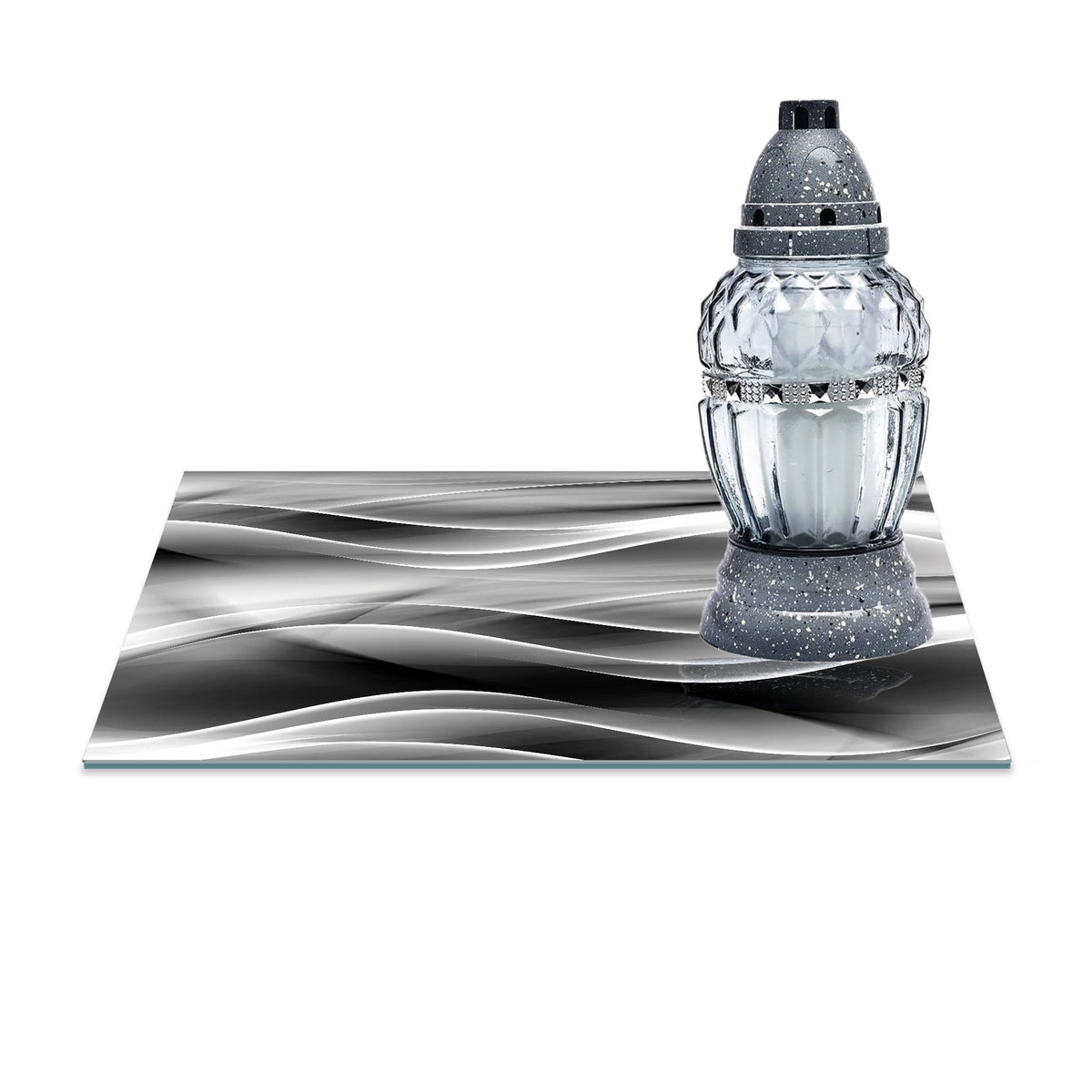 SZKLANA PODSTAWKA POD ZNICZE Z DEDYKACJĄ 30x20cm Jedwab 242a