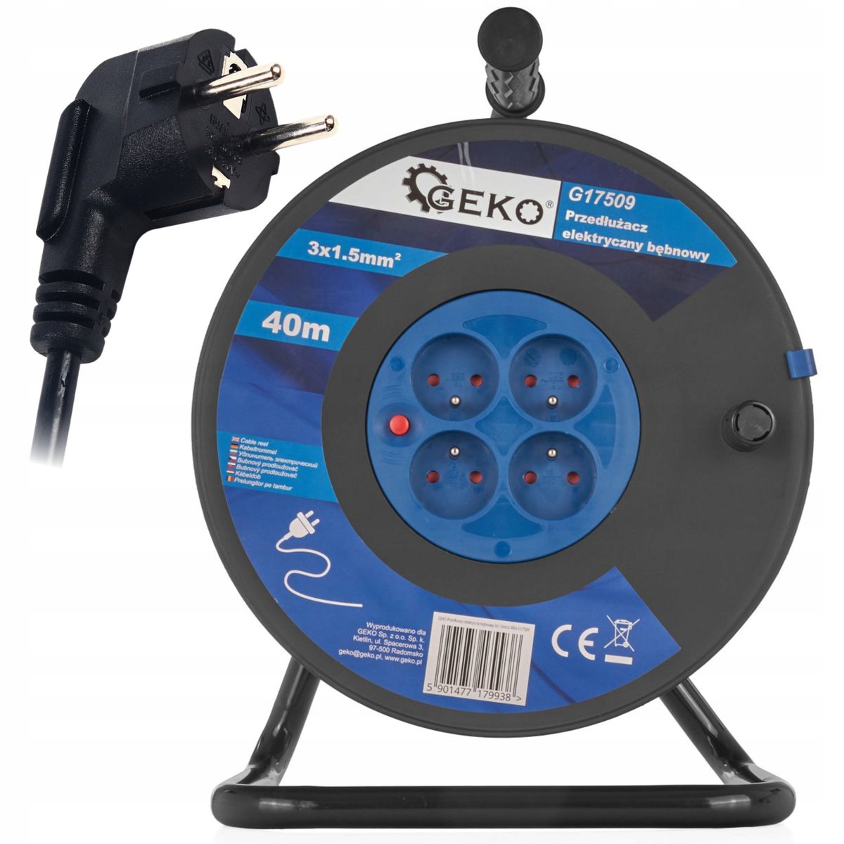 Geko Przedłużacz Elektryczny Bębnowy 3X1.5Mm2 40M 4 Gniazda Czarny G17509
