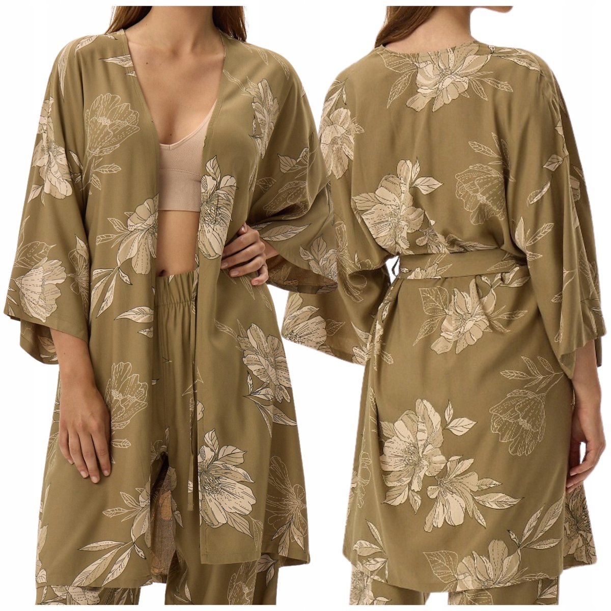 Szlafrok kimono krótki luźny przewiewny HENDERSON 41872 Fleur oliwkowy L/XL