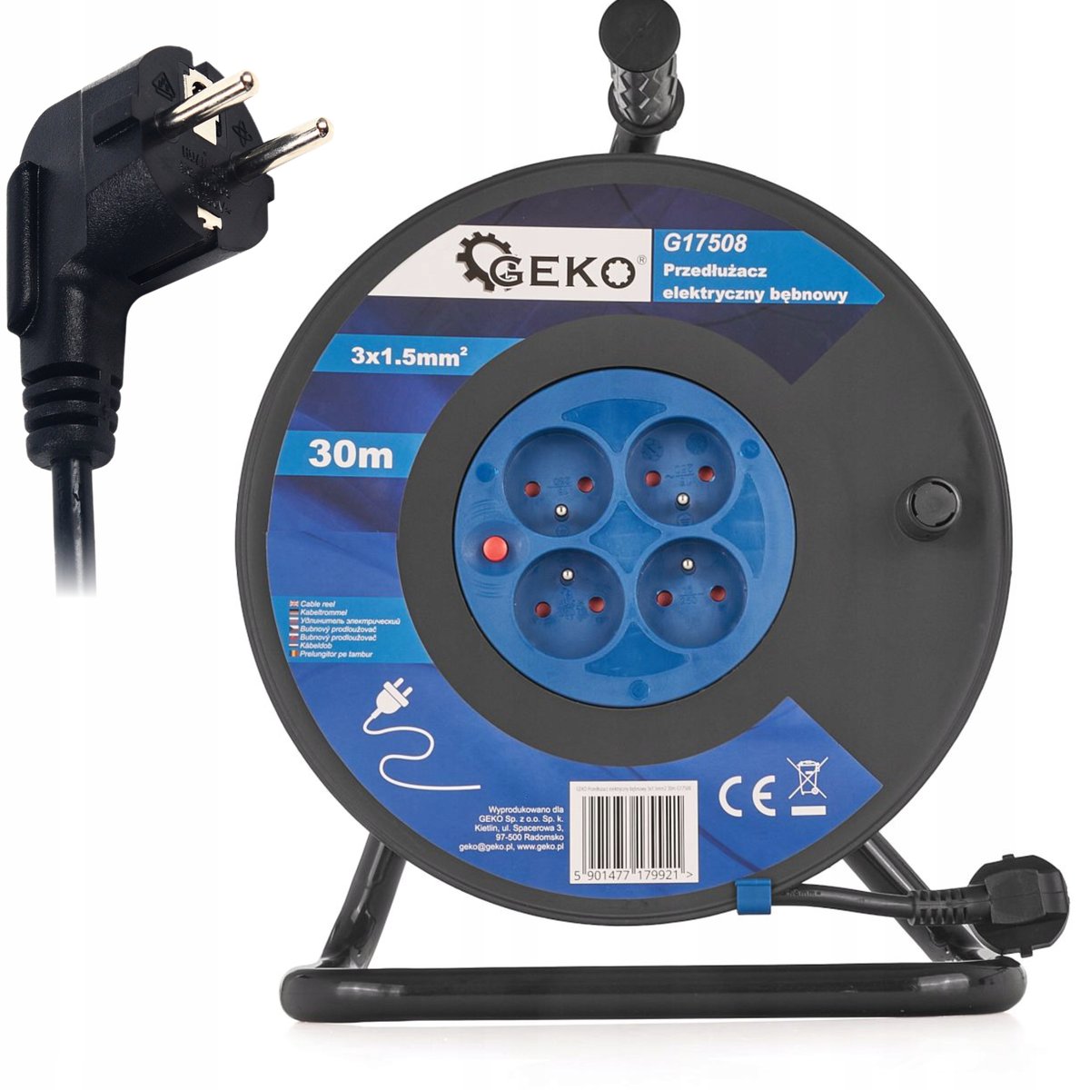 Geko Przedłużacz Elektryczny Bębnowy 3X1.5Mm2 30M 4 Gniazda G17508